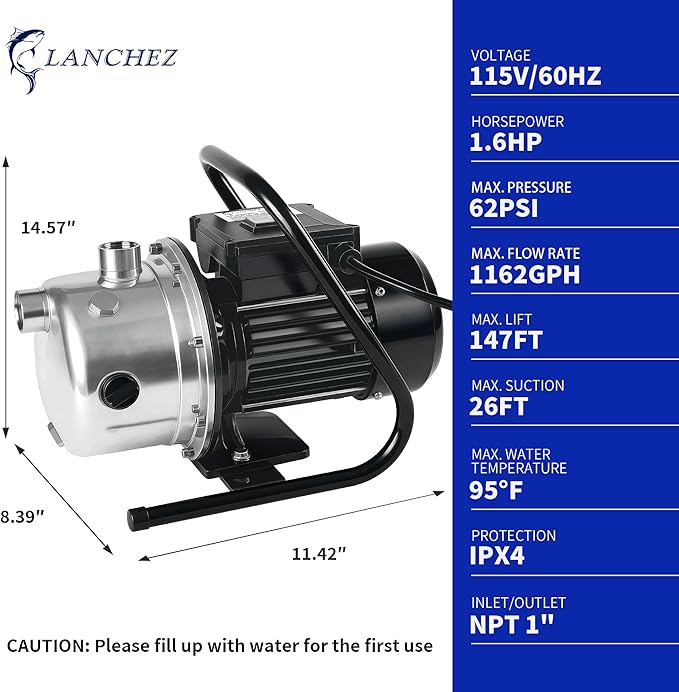 LANCHEZ 1.6 HP Portable Shallow Well Pump, 1162 GPH Stainless Steel Sprinkler Pump, 115V Water Transfer for Garden Draining and Lawn Irrigation