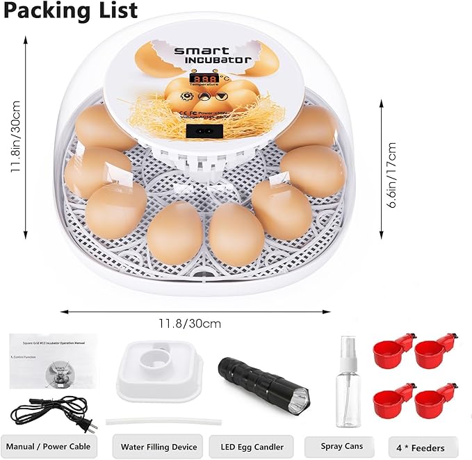 Incubators for Hatching Eggs, 12 Egg Incubator with Automatic Turning and Temperature Control, Automatic Water Adding, LED Egg Candler, for Hatching Chickens, Duck, Quail, Goose Eggs