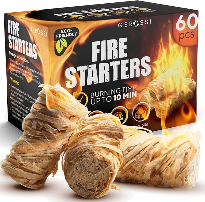 Fire Starter - Natural Pine Fire Starters for Fireplace, Campfires, Grill, Wood & Pellet Stove, Chimney, Fire Pit, BBQ, Smoker - 60 Pack w/10 Min Burning Time - All Weather & Odorless Firestarter