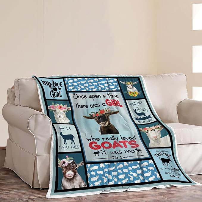 Goat Blanket Goats Throw Blanket Soft Fleece Flannel Bedding Sheep Gifts for Women Girls Lovers Adults Blue Stuff Plush for Couch Sofa Bed Room Decor 50"X60"