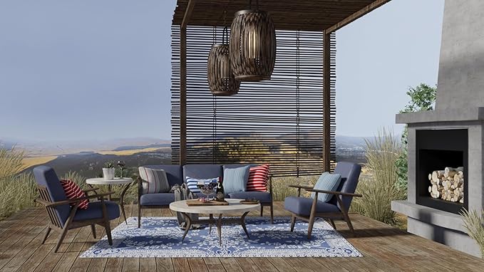 Mad Mats Traditional Outdoor Rug, Reversible Plastic Mat (5' x 8', Oriental Garland - Blue/White)