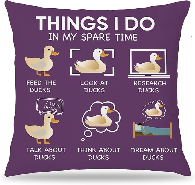 Funny Duck Throw Pillow Covers - 18 x 18, Things I Do in My Spare Time Decorative Pillow Covers, Gifts for Women, Purple Duck Decor