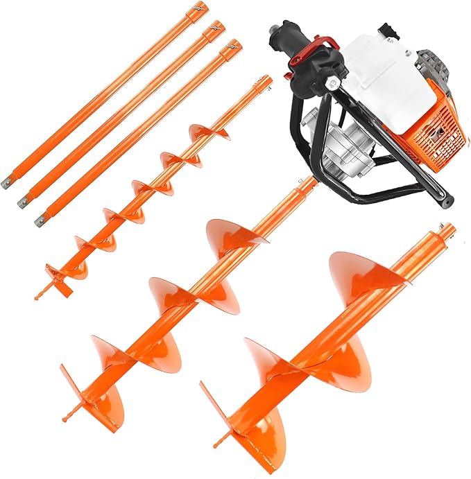 NEOTEC 72CC 2-Stroke Gas Powered Earth Auger Post Fence Hole Digger + 4" 8" 12" Auger Triple Drill Action Design Bits + 3 X 24 Extension Bars, Petrol Drill Borer