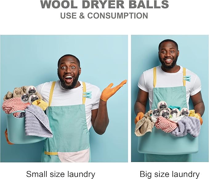 Wool Dryer Balls Organic Felt 6 Pack Laundry Fabric Softener, Extra Large Reusable Handmade Natural Sheep Wool Lint Wrinkle Free Anti Static Baby Safe (Cat)