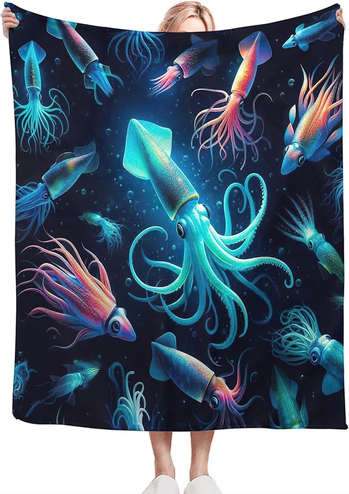 Squid Blanket Decor Gifts for Squid Lovers Flannel Fleece Fuzzy Throw Blanket Soft Warm Cozy Plush Ocean Animal Blanket for Bed Couch Living Room Stuffed Decoration for Kids Adult 80"x60"
