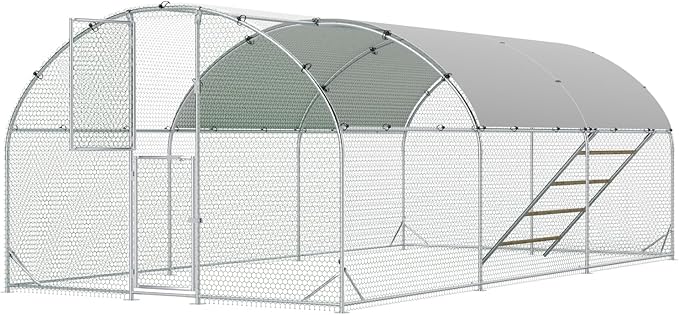Large Chicken Coop 10x20x6.5FT, Metal Chicken Run for Yard with Feeding Door,Round Top Walk-in Chicken Pen,Outdoor Poultry Cage with Anti-UV Cover,Rabbit Duck House