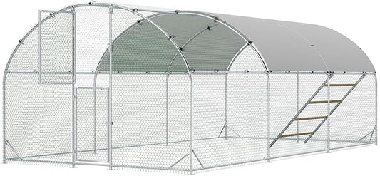 Large Chicken Coop 10x20x6.5FT, Metal Chicken Run for Yard with Feeding Door,Round Top Walk-in Chicken Pen,Outdoor Poultry Cage with Anti-UV Cover,Rabbit Duck House
