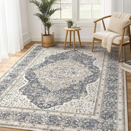 Washable Rug 5x7 Area Rugs for Living Room Bedroom Dining Room Home Office Floor Decor -Stain & Fade Resistant Non Slip Backing Carpet,Ultra-Thin Vintage Large Carpets (Blue/Beige,5'x7')
