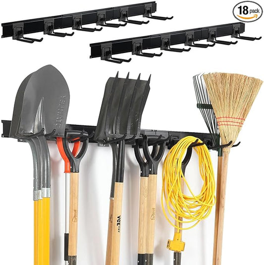 Garage Organization Wall Mount,96inch Garden Tool Organizer with 6 Clamping Hooks, Heavy Duty, Garage Hanging Storage Rack for Yard Tools, Shovel, Shed, Hold Up to 420lbs (96Inch Black)