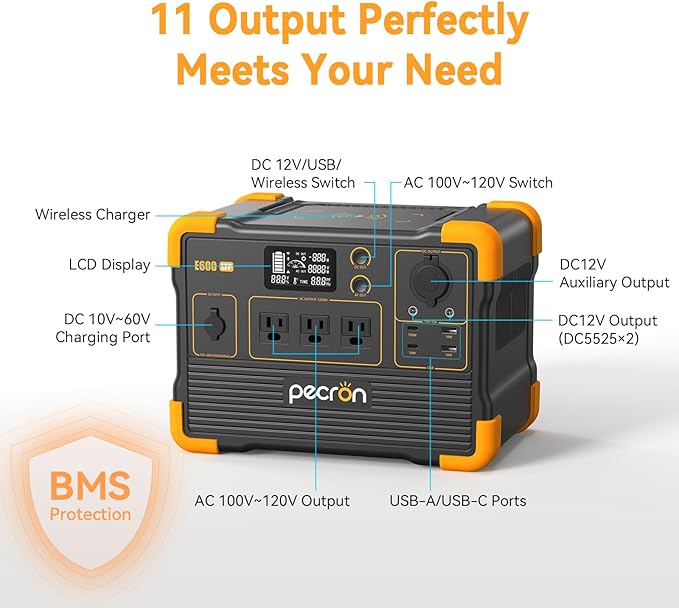 Pecron E600LFP Portable Solar Generator with 1x200W Solar Panel, 614Wh LiFePO4 Battery Backup, Power Station for Camping, Emergency, RV, Off-Grid Living