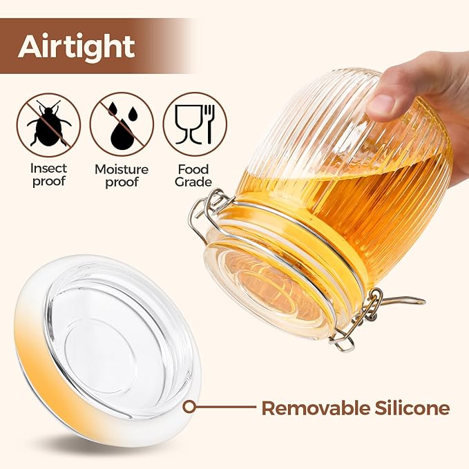 ComSaf Airtight Glass jar with lid 25oz Set of 6, Glass Storage Containers with Lids, Glass Canister, Mason Jars, Striped Clip Fastening Jar for Kitchen Canning, Oat, Coffee, Pasta, Snack, Nut, Candy
