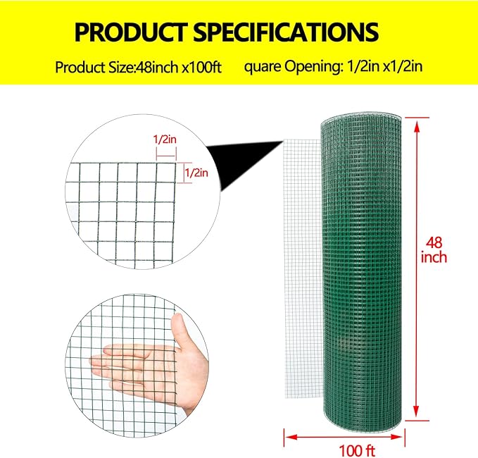 Hardware Cloth 1/2inx36inx100ft,Chicken Wire Fencing,Welded Wire Mesh, Vinyl PVC Coated Mesh,Coop Garden Plant for Rabbit,Snake,Rodent,Foxes,Raccoons Poultry Netting Cage Farm Protection