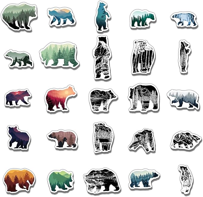 Pack 50 Pcs Funny Animal Grizzly Bear Stickers for Water Bottles Waterproof Laptop Luggage Computer Scrapbooking Teens Adults Girls Boys Aesthetic Sticker Packs Small Vinyl Decals