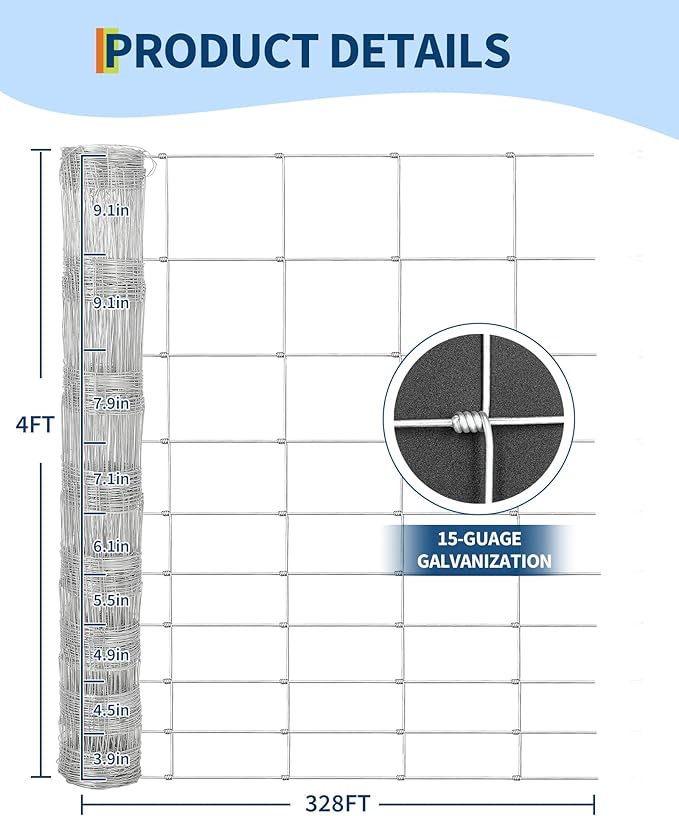 Farm Fence, 4FT x 328FT Heavy Duty Galvanized Cattle Fence Panel - Zinc Coated Wire Fencing for Livestock, Goat, Sheep & Garden Enclosure, Farm Animal Protection