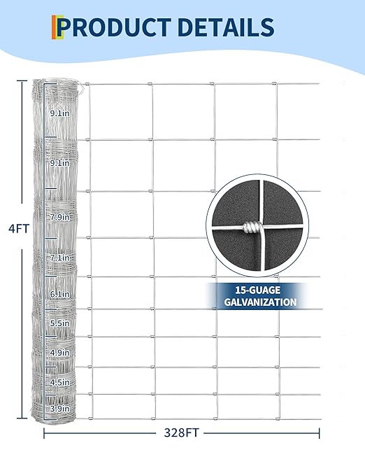 ACEKOOL Cattle Farm Fence, 4Ft x 328Ft Galvanized Wire Fencing for Cattle, Deer, Sheep, Goat, Livestock & Animals Protection, Fencing for Yard, Cattle Panel