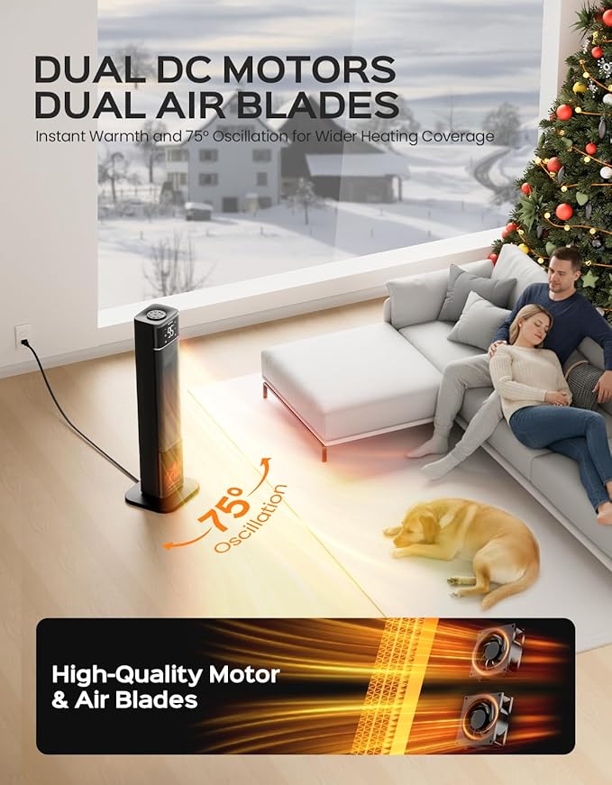 32.3" Portable Space Heaters for Indoor Use Large Room, 1500W Tower Electric Space Heater with 3D Flame, PTC Ceramic Space Heaters with Remote (Black, 33-inch)