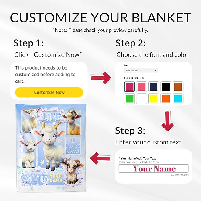 Custom Goat Blanket for Girls - 50x60 Inches Throw Size with Name - Soft Fuzzy Plush Throws Gift - Blue Funny Blanket for Bed, Couch, Sofa