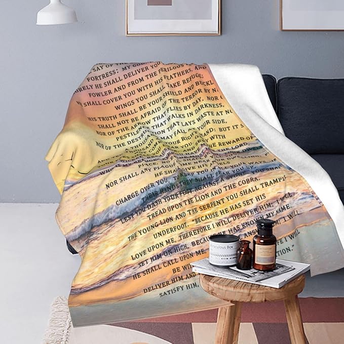 Psalm 91 Blanket Christian Gifts Religious Bible Verse Scripture Throw Blanket Comfy Plush Flannel Fleece Warm Soft Fluffy Fuzzy Blanket for Prayer Women Teens for Bed Sofa Couch 50"X60"