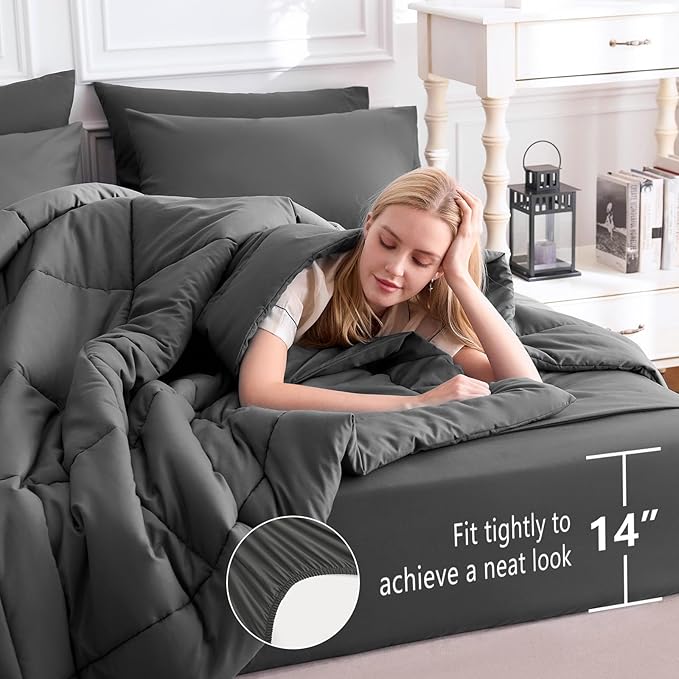 CozyLux Oversized Queen Comforter Sets Dark Grey, 7 Pieces Bed in a Bag, Ultra-Soft All Season Bedding Sets with Stitch Quilted Comforter, Flat Sheet, Fitted Sheet, Pillowcases, Dark Gray