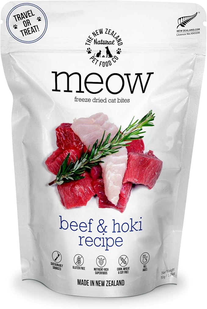The New Zealand Natural Pet Food Co. Meow Freeze Dried Cat Food - Beef & Hoki Recipe, High Protein, Meals & Toppers, Dry Cat Food,1.76 oz