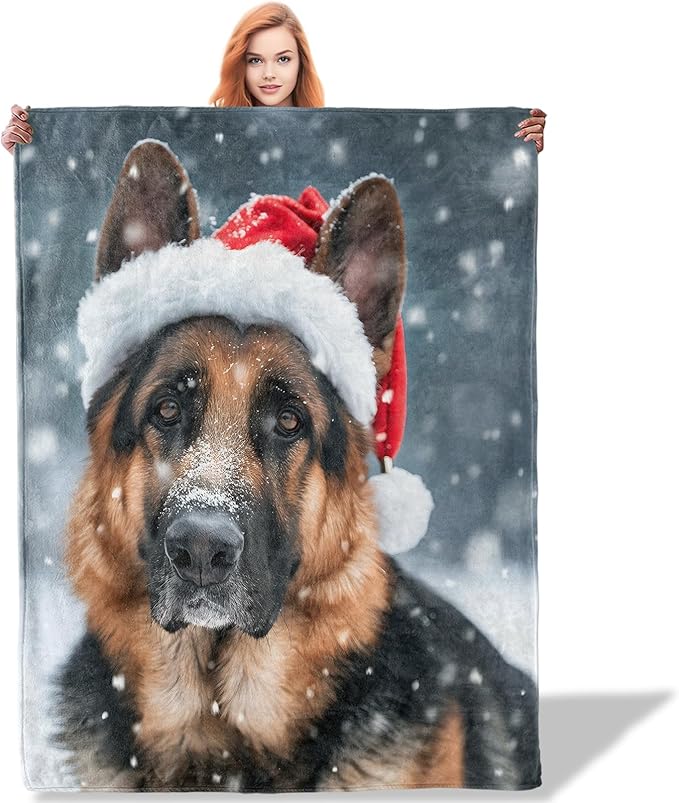 German Shepherd in Santa Hat Throw Blanket 60"x80", Christmas Dog Blankets for Living Room Bedroom Decor, Soft Flannel Polyester Warm Cozy Gifts for Dog Lovers