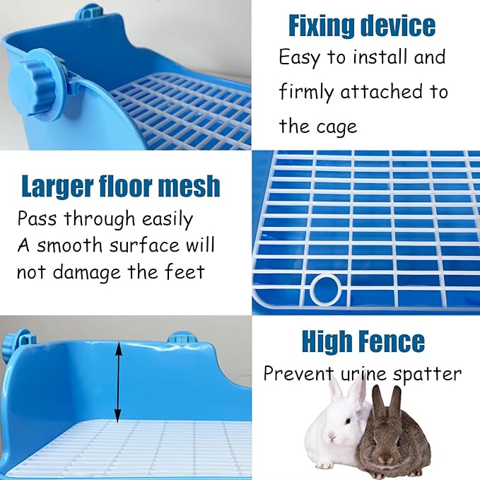 kathson Rabbit Litter Box, Bunny Corner Litter Pan, Pet Toilet Potty Trainer Bedding Box with Detachable Hanging Pet Cage Bowl for Rabbit Bunny Guinea Pig Ferrets Chinchilla(Blue)
