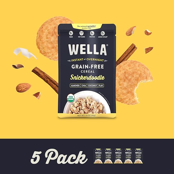 Wella Cereal Oatmeal Alternative, Gluten-Free Breakfast Hot Cereal, Grain-Free Paleo Organic Vegan High Protein Superfood, Plant-Based Non-GMO, Low in Net Carbs, Single-Serve Packets, Snickerdoodle Flavor (5 Count, 1.6 oz. Packets)