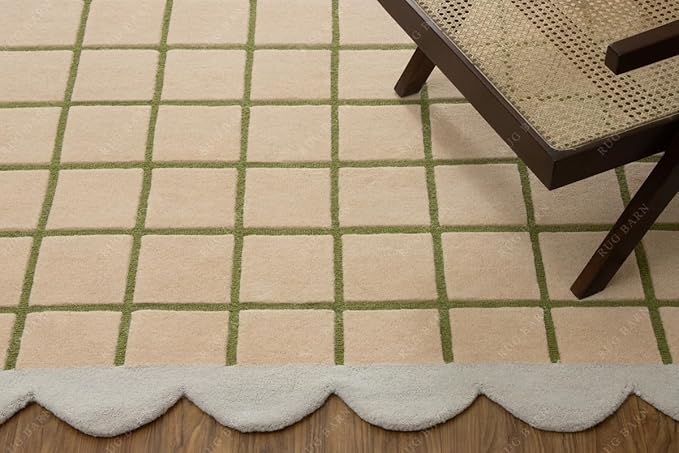 Scalloped Border Wool Area Rug with Windowpane Grid, Hand-Tufted, Beige-Blush with Sage Lines & Light Purple Edge - Soft High-Low Pile for Living Room, Bedroom, Nursery - 6x9 Ft