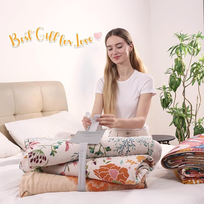 Boho Large Throw Blanket, 100% Organic Cotton Breathable Soft Bed Throw - Floral Bird Farmhouse Decor Blanket for Sofa Couch Chair Quilt and Gift. 91" x 98"- Beige