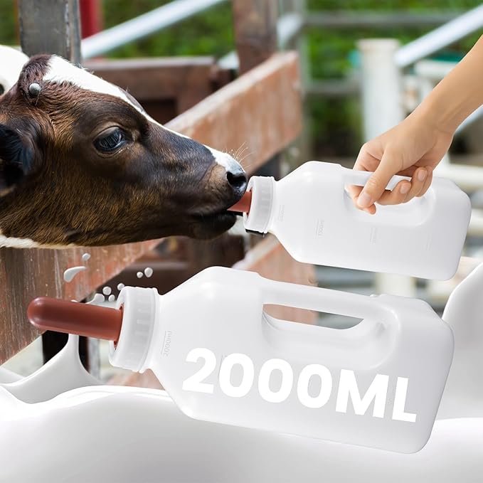 Livestock Bottle Feeding Kit, 2L Calf Milk Feeder with 3 Silicone Nipples, White, BPA-Free Plastic Bottle with Slow Flow Design for Farm Animals