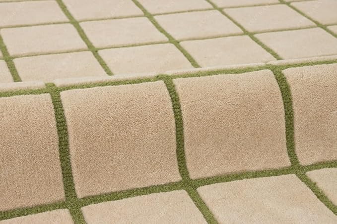 Scalloped Border Wool Area Rug with Windowpane Grid, Hand-Tufted, Beige-Blush with Sage Lines & Light Purple Edge - Soft High-Low Pile for Living Room, Bedroom, Nursery - 6x9 Ft