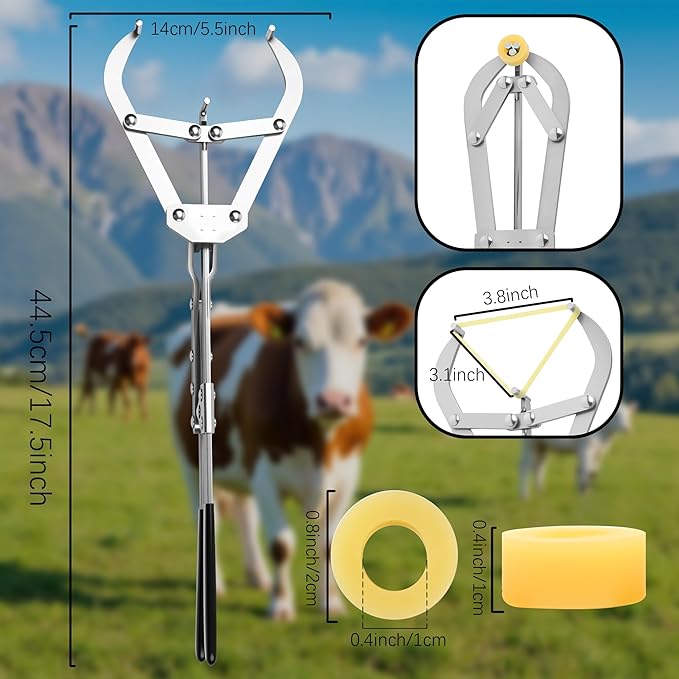 100 Elastrator Bands with Extra Large Stainless Steel Banding Tool Bander Livestock Management Fits Bull,Calves, Goats, Sheep, Easy Application