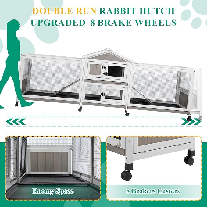 93" Rabbit Hutch Outdoor Indoor with Run Wooden Weatherproof Bunny Cage with 8 Wheels,4 Leak-Proof Trays,Dual Metal Run & Ramp,Small Animal Outdoor Pens & Hutches for 1-3 Rabbits,Guinea Pigs