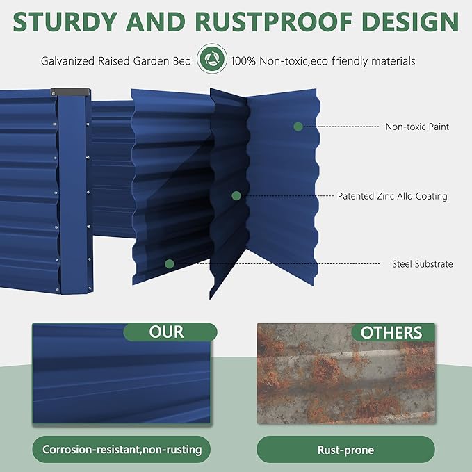 FOOWIN 2pcs 6x3x2ft Galvanized Raised Garden Bed, Planter Raised Garden Boxes Outdoor, Large Metal Raised Beds for Gardening, Garden Bed for Vegetables, Flowers, Herb,269 Gallon Capacity, Royal Blue