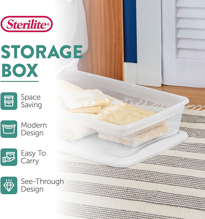 Sterilite 6 Pack Storage Box, 41 Quart Stackable Tote, Clear Plastic Container with Secure Snapping Lids for Home and Office Organization, White