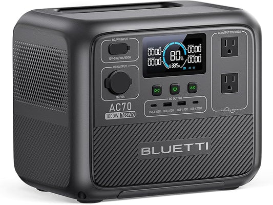 BLUETTI AC70 Portable Power Station, 768Wh Solar Generator w/ 2 1000W AC Outlets (Power Lifting 2000W), 100W Type-C, LiFePO4 Battery Backup for Road Trip, Off-Grid, Power Outage (Solar Panel Optional)