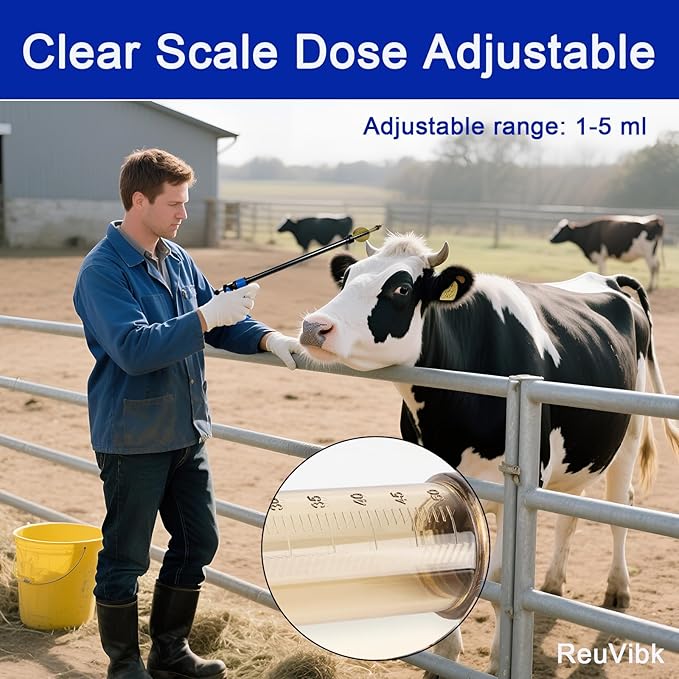 50ML Long Arms Livestock Syringe Gun, 5 Gears Adjustable Animals Injector Continuous Cattle Syringe Gun with Luer Lock, Suitable for Pigs, Cattle, Sheep, Horses, Etc