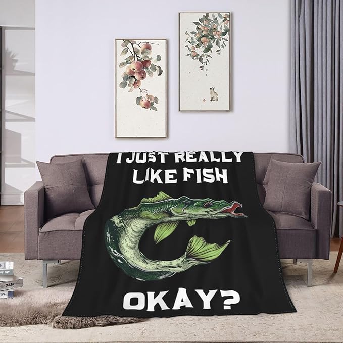 Fish Blanket Super Cozy Soft Bass Fishing Throw Blanket Gifts for Fisherman Men Warm Plush Fluffy I Just Really Like Fish Stuff Gifts Fleece Flannel Gift Blankets for Kids Adults 60"X50"