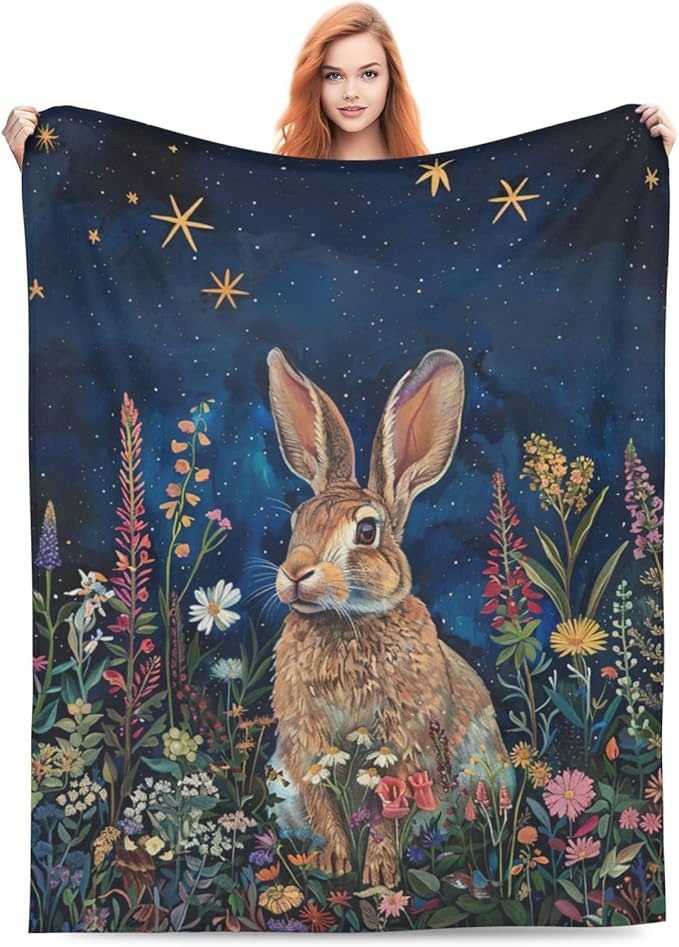 Bunny Throw Blanket Cute Rabbit Floral Decor Blanket Super Cozy Plush Lightweight Soft Plush Flannel Fleece Jungle Animal Forest Blanket Gifts for Girls Boys Kids Women Men for Sofa Bed Couch 60"X80"