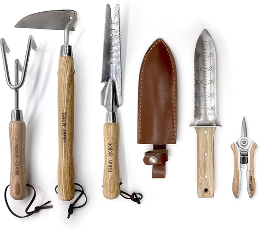 Ferry-Morse Premium All Hand Tools Set, 5Pcs Gardening Tools, Stainless Steel Heavy Duty Hand Cultivator, Hoes, Weeder, Snips, and Hori Hori with Ash Wood Handle, Gardening Gifts