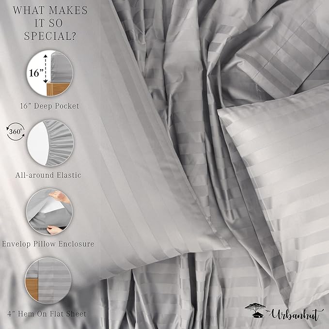URBANHUT 1000 Thread Count Egyptian Cotton Sheets Damask Striped Queen Size, Breathable Long Staple, 4 Pc Bed Sheet Sets, Luxury Hotel Sateen Sheets Fits 16" Deep Pocket - Silver Grey