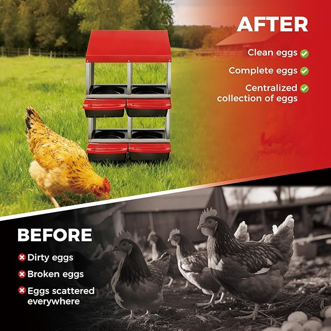 GarveeLife Chicken Nesting Box, 4 Compartments Laying Nest Boxes for Laying Eggs Chicken Brooder Box Nest Box with Perch 2x2 Hole Red