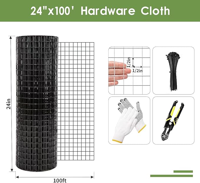 Tongmo Black Hardware Cloth, 1/2 inch 48'' x 50'Chicken Wire Fence, 19 Gauge Vinyl Coated Welded Cage Wire Mesh Roll Supports Poultry Netting Cage Garden Fence…