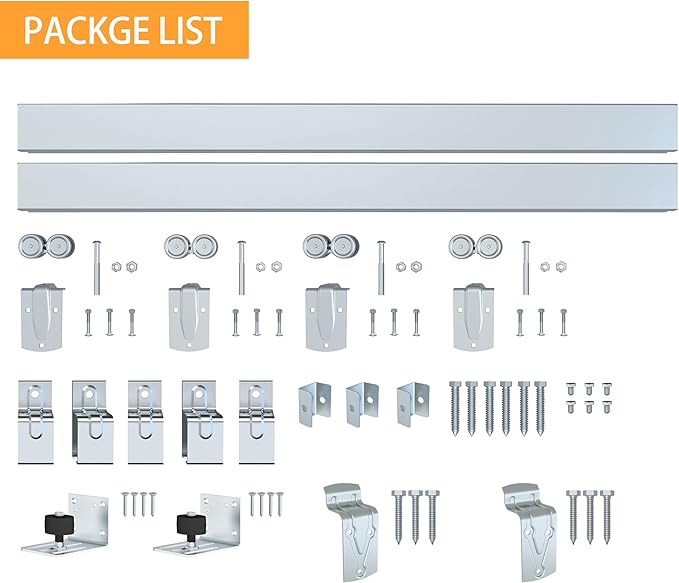 8FT Box Rail Exterior Barn Door Hardware Kit for 2 Doors, Sliding Heavy Duty Barn Door Track, Wall Mount Barn Door Hardware with 5 Track Brackets,Silver(Doors NOT Include)