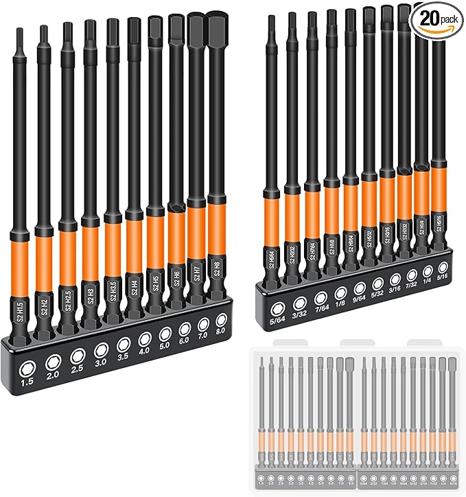 Impact Allen Wrench Drill Bit Set,20PCS 4" Long Hex Bit Set(Metric & SAE), 1/4" Hex-Shank S2 Steel,Impact Driver Bit Set, agnetic CNC Tips for Drill & Driver with Storage Box