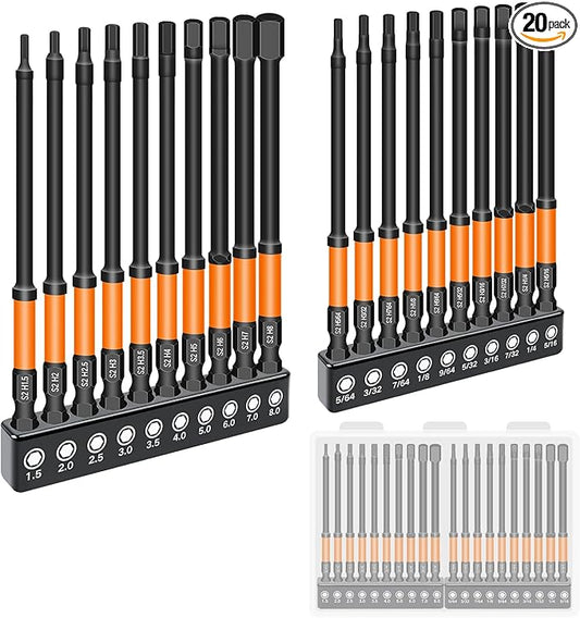 Impact Allen Wrench Drill Bit Set,20PCS 4" Long Hex Bit Set(Metric & SAE), 1/4" Hex-Shank S2 Steel,Impact Driver Bit Set, agnetic CNC Tips for Drill & Driver with Storage Box