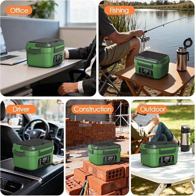 Cordless Electric Lunch Box, 6.3 Cup 100W Heated Lunch Box with 20000mAH Battery Powered for Self Heating, Including Fork Spoon and Insulated Bag for Men Women Adults, BPA Free(Dark Green)