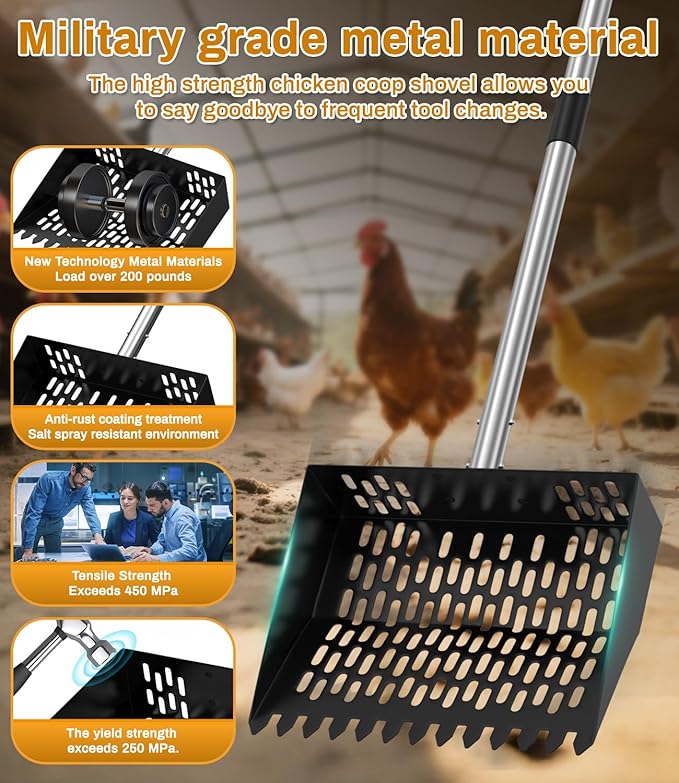 Chicken Poop Scooper for Sand,Coop Scoop 3 IN 1 Rake Function【Fine Sieve Holes】【Adjustable Stainless handle 24 to 68"】Metal Cat Litter Scoop, No Hole Shovel Side Scooper Chicken Poop Scooper for Sand