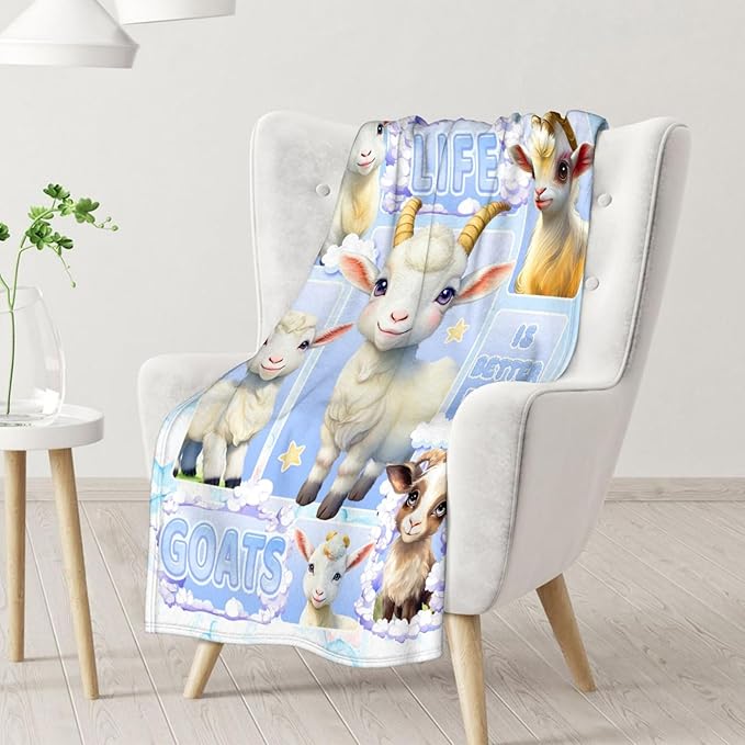 Goat Blanket for Girls - 60x80 Inches Twin Size - Soft Fuzzy Plush Throws Gift - Blue Funny Throw Blanket for Bed, Couch, Living Room