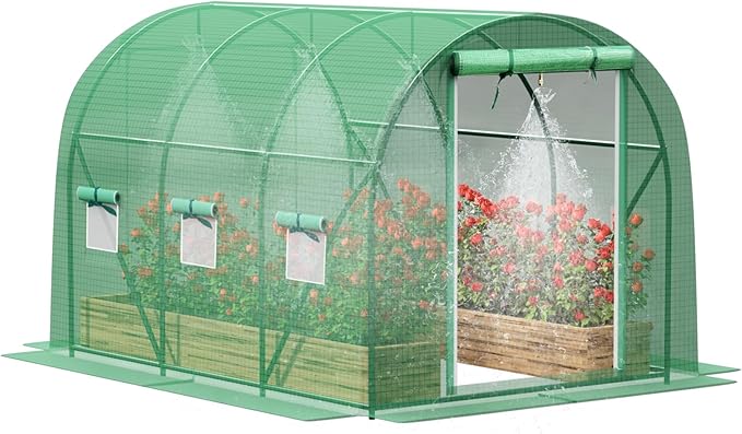 Greenhouse with Watering System, 10x10x7 Outdoor Greenhouses with 6 Mesh Windows and 1 Door, Easy Water and Irrigate Plants Green House (Green, 10x10x7 ft w/ Irrigation System)